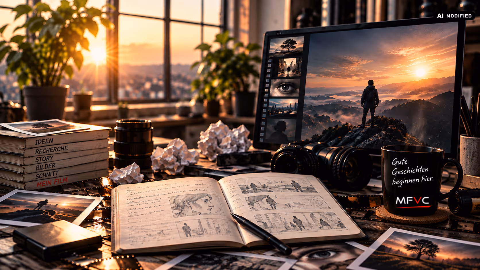 Hintergrund: Schreibtisch im Abendlicht mit Storyboard-Heft, Kamera und Bildschirm, KI-generiert