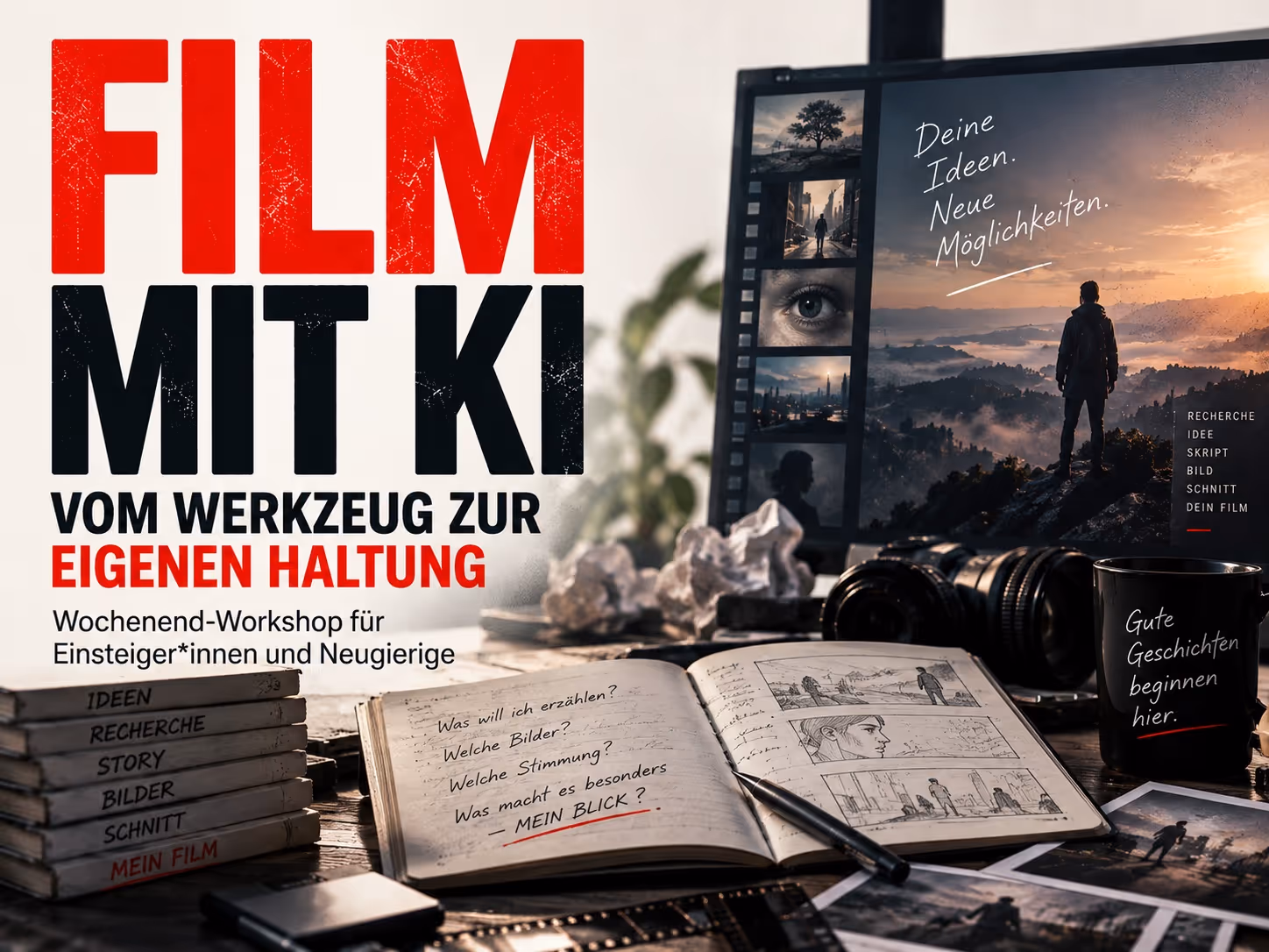 Keyvisual zum Workshop „Film mit KI“: ein Schreibtisch mit Bildschirm, Kamera und aufgeschlagenem Storyboard, KI-generiert