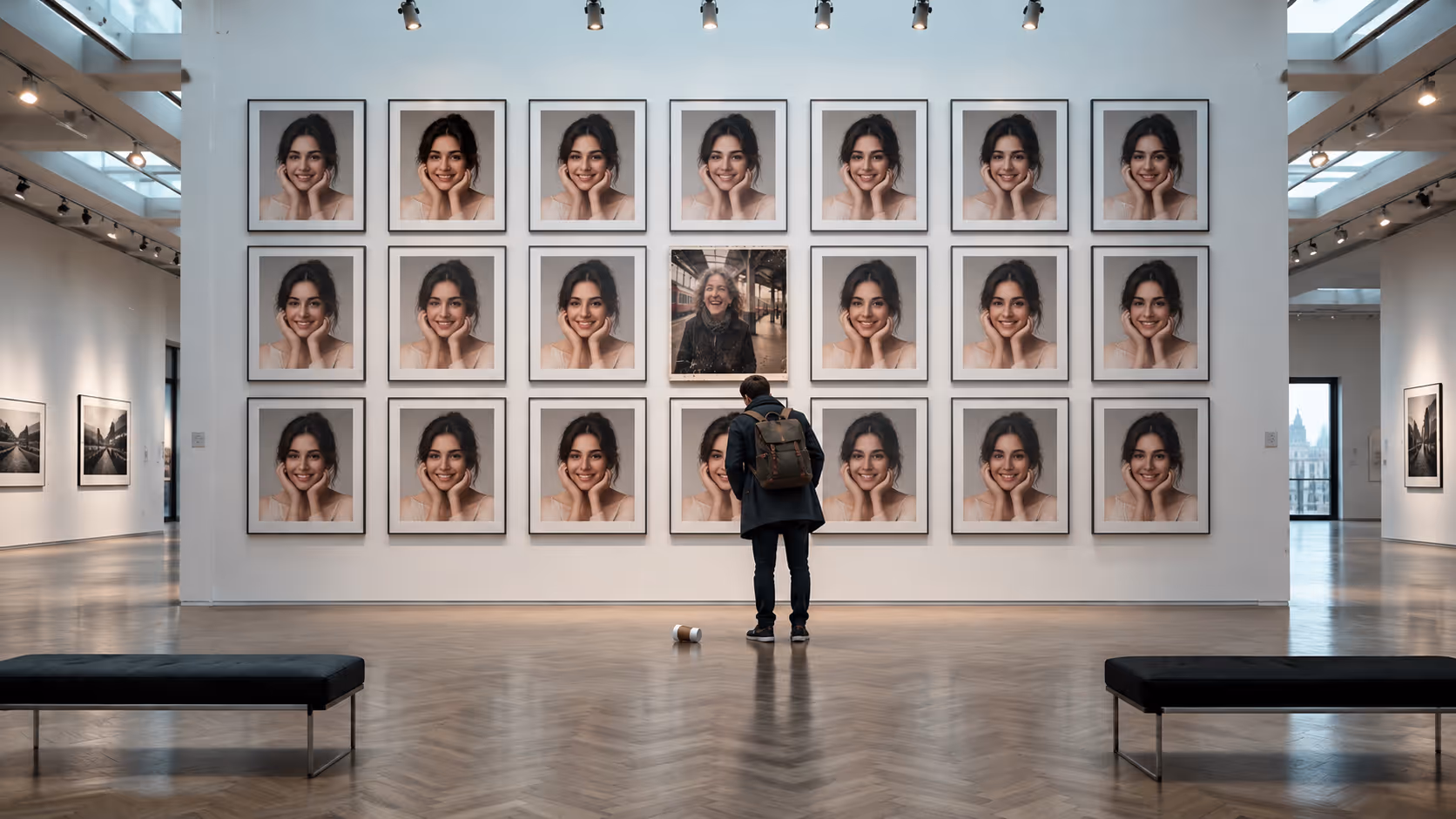KI-generiert: Galerie mit einundzwanzig gleichen Porträts einer lächelnden Frau, ein echtes Foto einer lachenden alten Frau dazwischen, ein Besucher davor