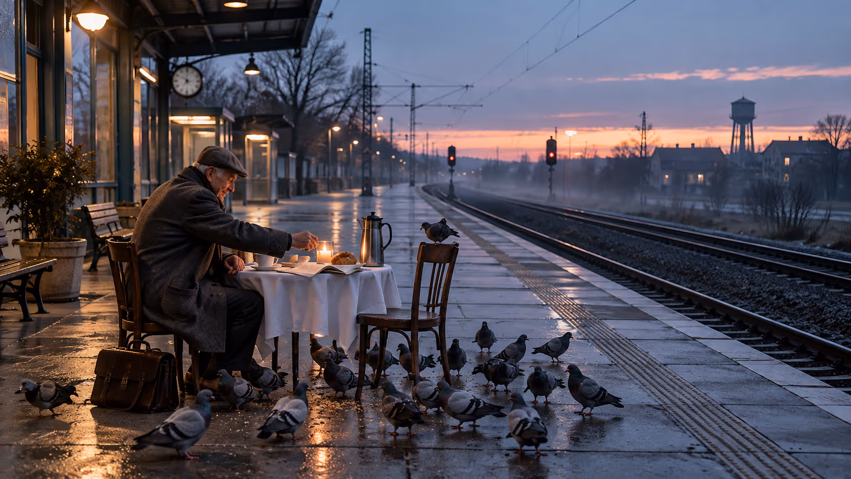 KI-generiert: alter Mann mit Schiebermütze an einem gedeckten Frühstückstisch auf einem leeren S-Bahnsteig in der Morgendämmerung, umringt von Tauben