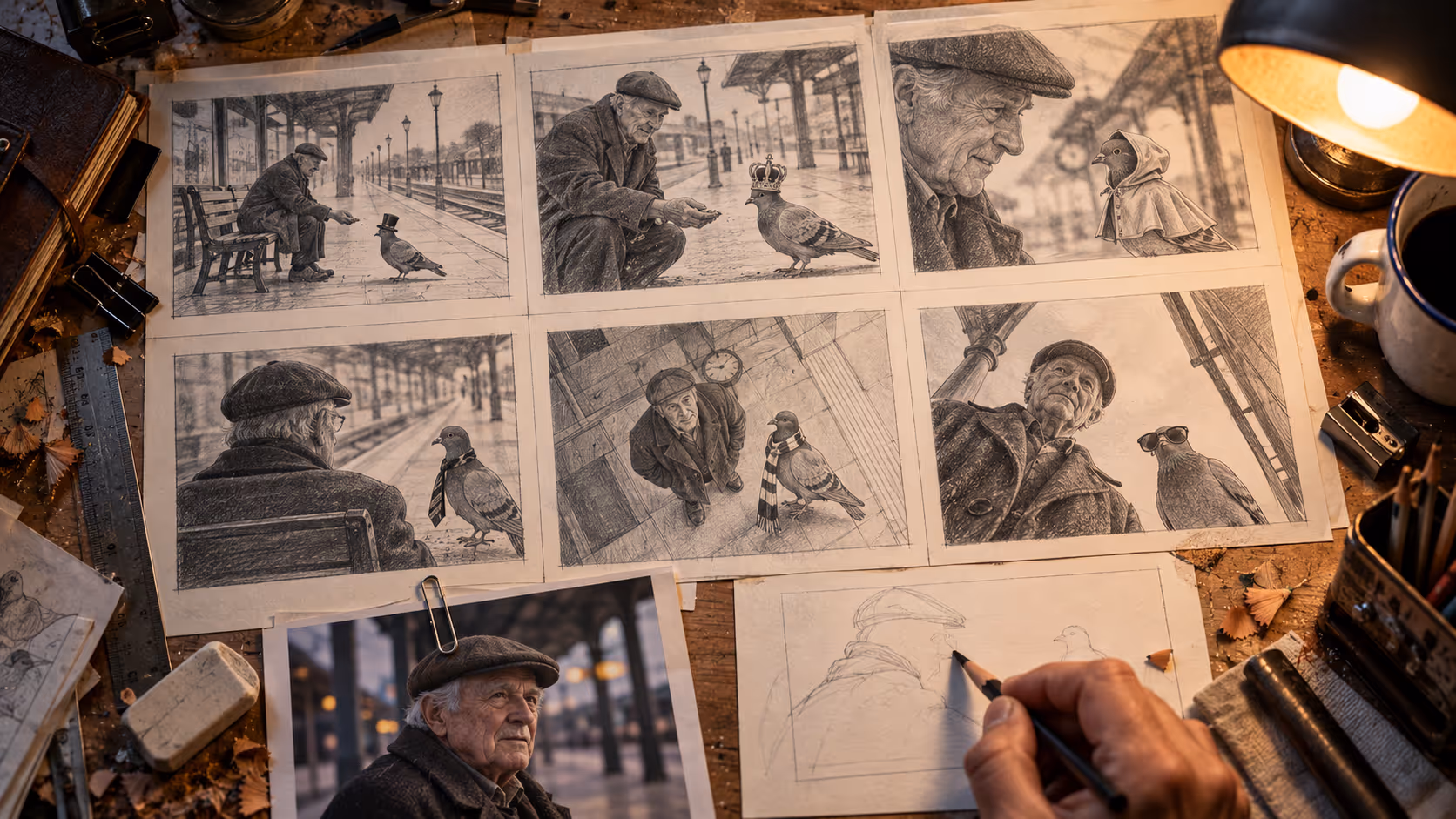 KI-generiert: sechs Bleistift-Storyboards desselben alten Mannes mit einer Taube in wechselnden Kostümen, ein Referenzfoto mit Büroklammer, eine Hand beginnt die siebte Skizze