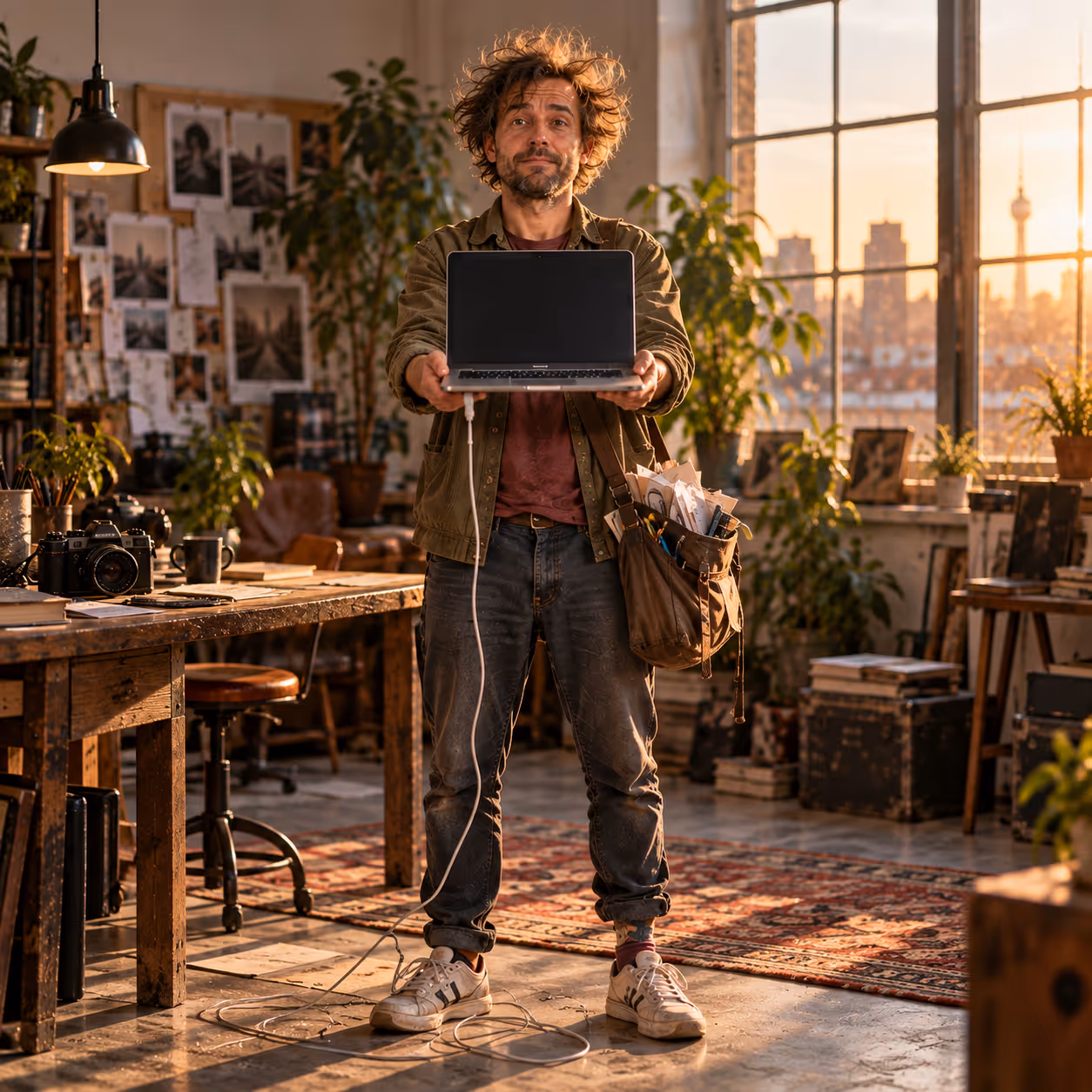 KI-generiert: ein zerzauster Mann hält in einem Atelier feierlich ein aufgeklapptes Notebook vor sich, das Ladekabel schleift über den Boden